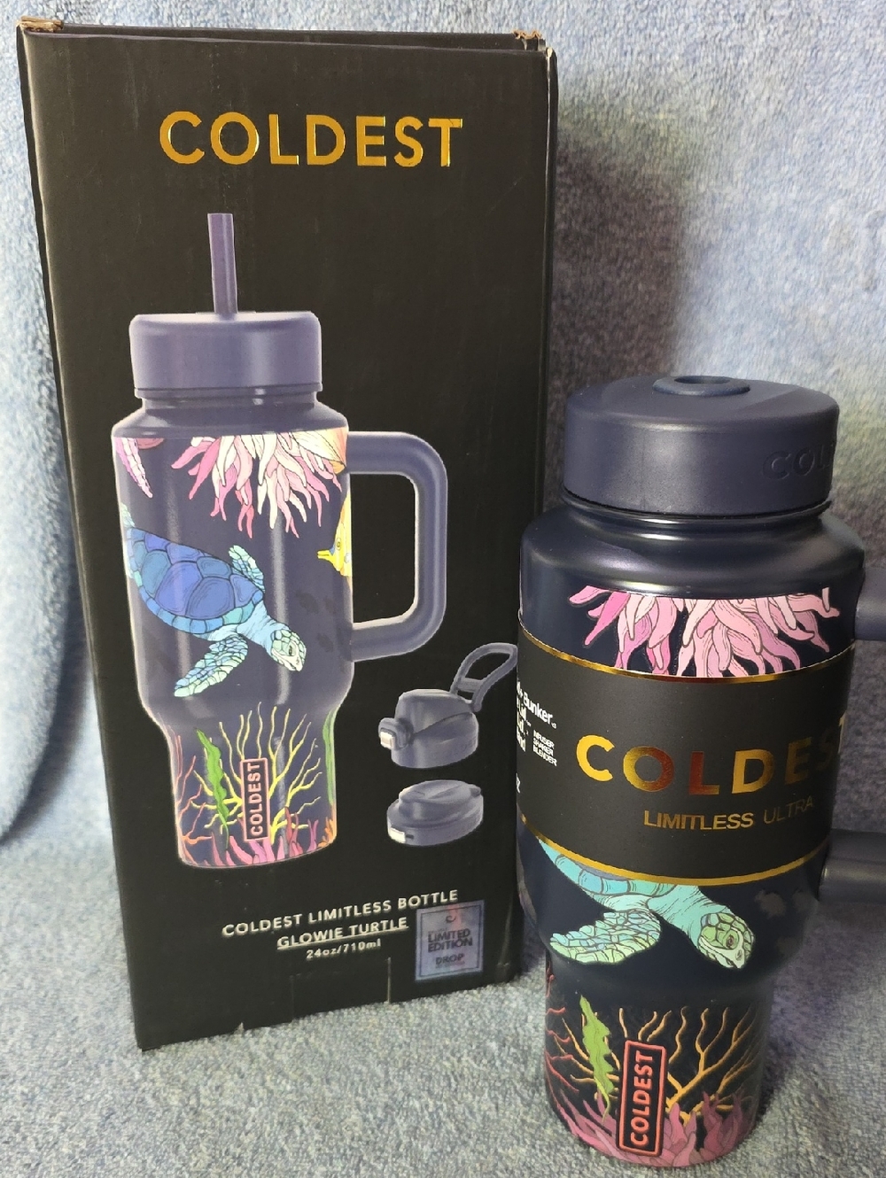 24oz Glowie Turtle Coldest Limitless Ultra Navy Water Bottle W/ Turtle Design